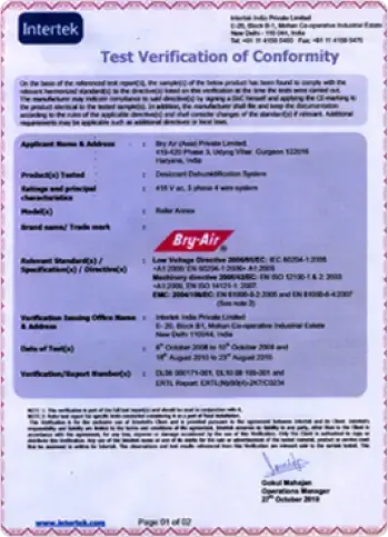 Intertek Certificate for Mould Dehumidification Systems